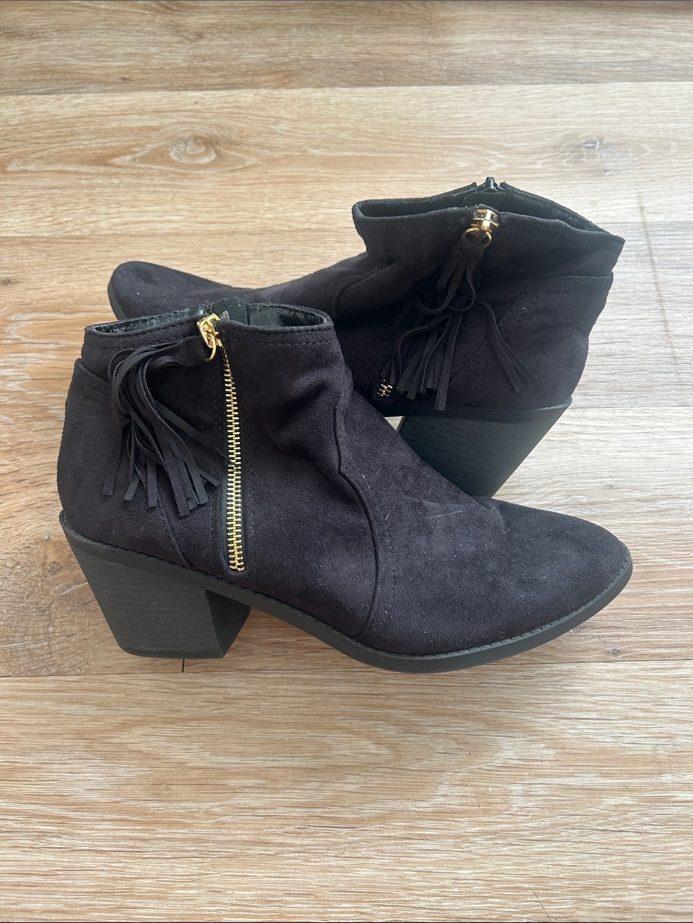 Soda Black Suede Tassel Ankle Booties with Gold Zip